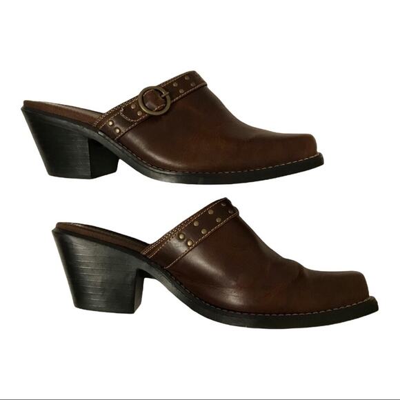 Natural Reflections Brown Clog Studded Buckle Slip On Mules - Picture 1 of 6